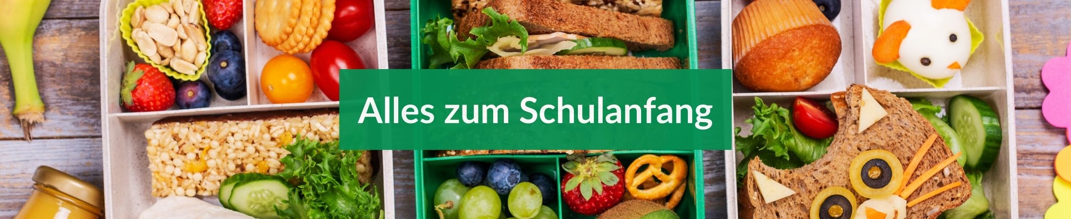 Gefüllte Brotdosen mit Obst, belegten Broten, Kekse, Muffins und Gemüse. Text: " Alles zum Schulanfang"